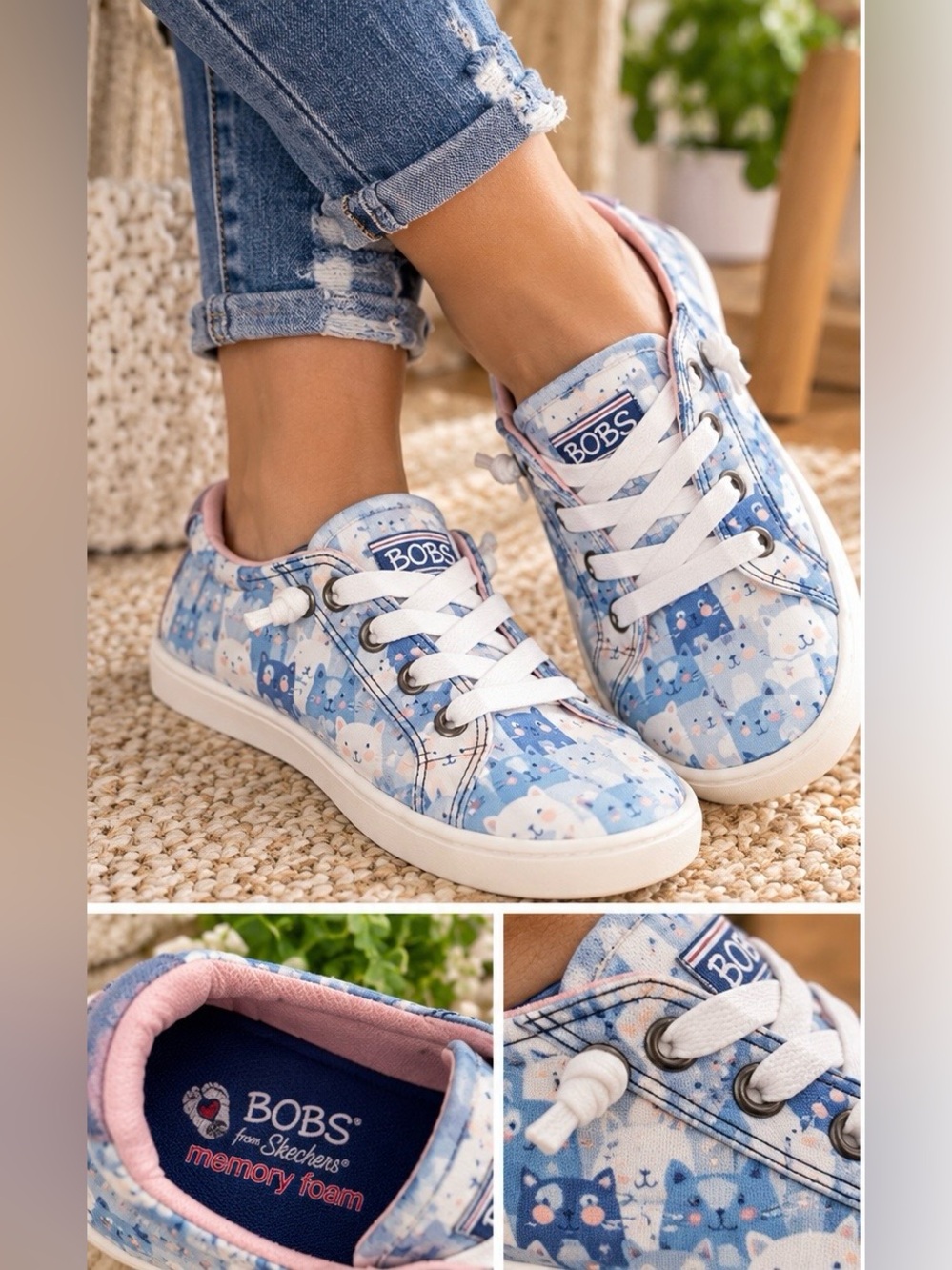 Girls' Blue Patterned Slip-On Sneakers